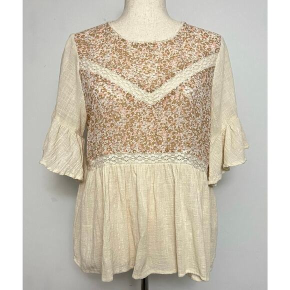Umgee Baby Doll Top Women’s Sz M Oatmeal with Floral Print Bodice and Lace Boho - Picture 1 of 15